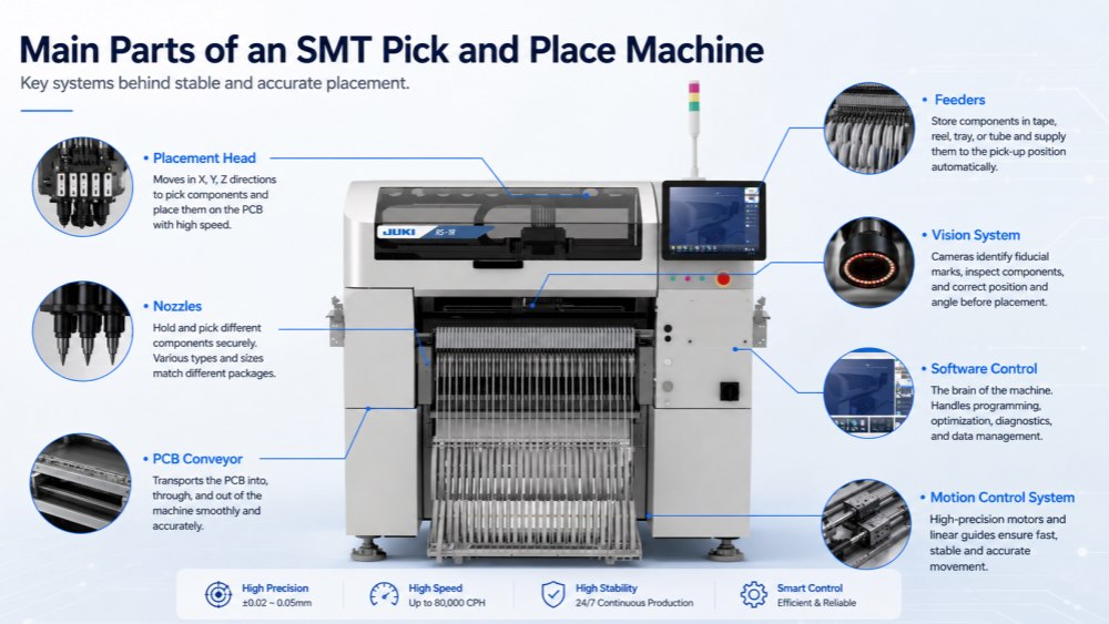 Main Parts of SMT Pick and Place Machine Главни делови СМТ машине за бирање и постављање